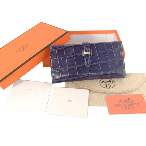 High Quality Hermes Bearn Japonaise Croco Leather Tri-Fold Wallet H308 Blue Fake - Click Image to Close